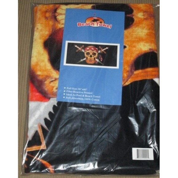 New Pirate Skull Jolly Roger Cross Swords Bath Beach Pool Gift Velour Towel NIP - Picture 2 of 2